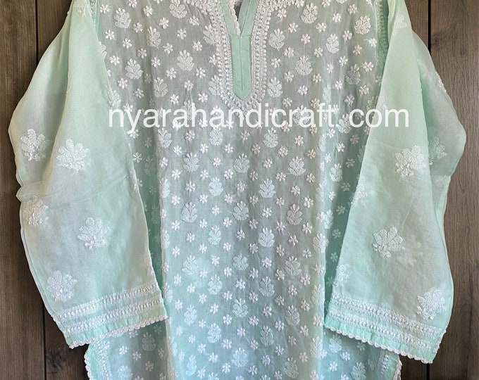Chikankari Short Mint Green Blouse /Kurti/ Soft Cotton/ Hand Embroidered/Free Shipping in US