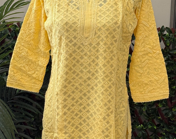 Chikankari Short Yellow Blouse Kurti with All Over Embroidery / Fine Georgette /Free Shipping in US