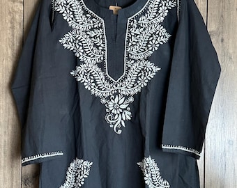 Black Cotton Chikankari Short  Kurti /Blouse / Hand Embroidered / Ships from Ohio