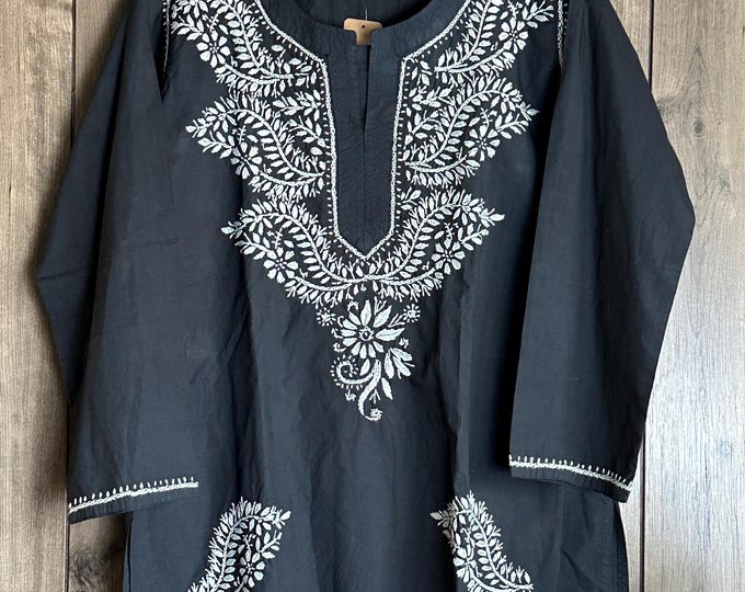 Black Cotton Chikankari Short  Kurti /Blouse / Hand Embroidered / Ships from Ohio