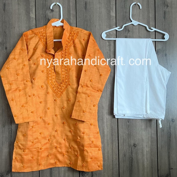 Chikankari Boys Orange Kurta Pajama / Free Shipping in US