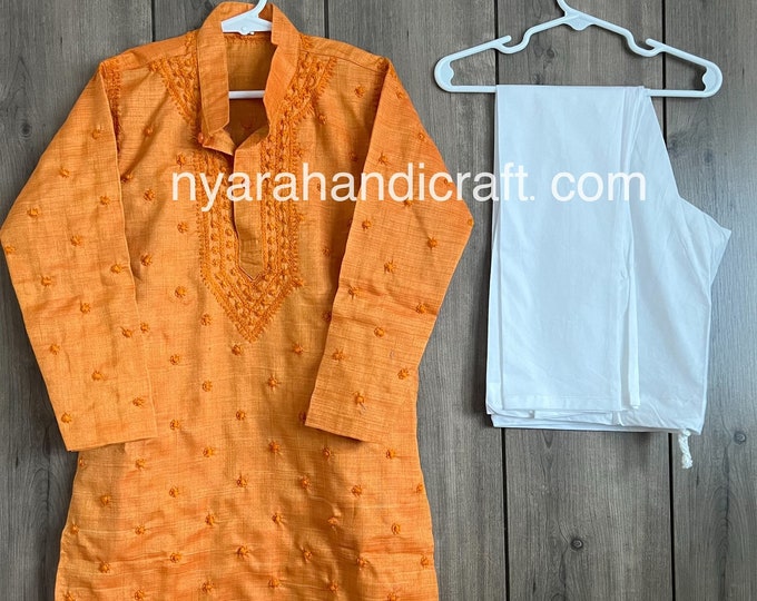 Chikankari Boys Orange Kurta Pajama / Free Shipping in US