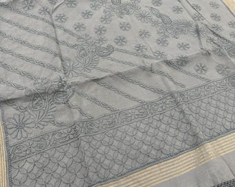Gray Chikankari Saree on Chanderi Silk Cotton / Petticoat included / Free Shipping