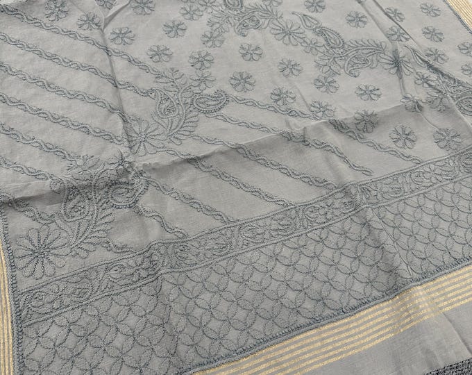 Gray Chikankari Saree on Chanderi Silk Cotton / Petticoat included / Free Shipping