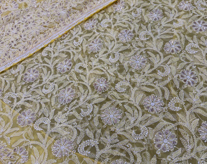 Yellow Chikankari Saree with Gota / Fall and petticoat included/ Free Shipping in US