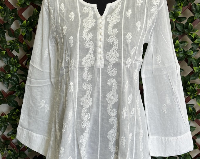 Pure Cotton White Blouse A line / Kurti / Pure Cotton / Hand Embroidered /Free Shipping in US