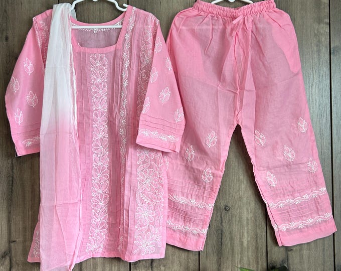 Pink Chikankari Girls Kurta Pants Set / Soft Cotton /Free Shipping in US