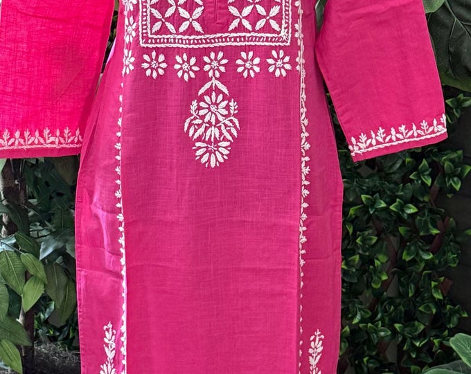 Hot Pink Chikankari Kurta on Cotton/Free Shipping in US