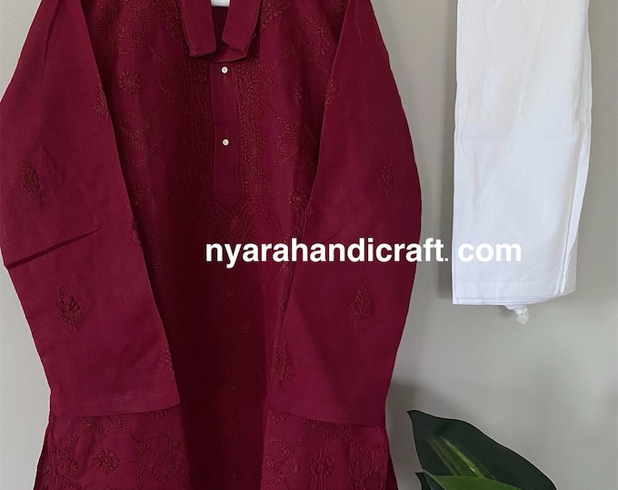 Boys pure cotton Maroon Chikankari Kurta Pajama set / Free Shipping in US