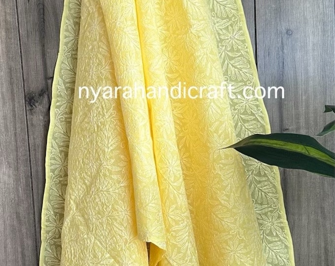 Lucknow Chikankari Yellow Cotton Dupatta / Extra Long Dupatta / Free Shipping in US