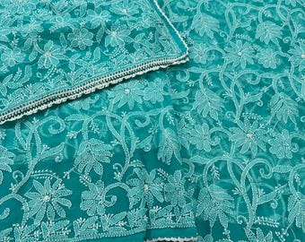 Aqua Blue Chikankari Saree  /Petticoat and Fall Included /Free Shipping