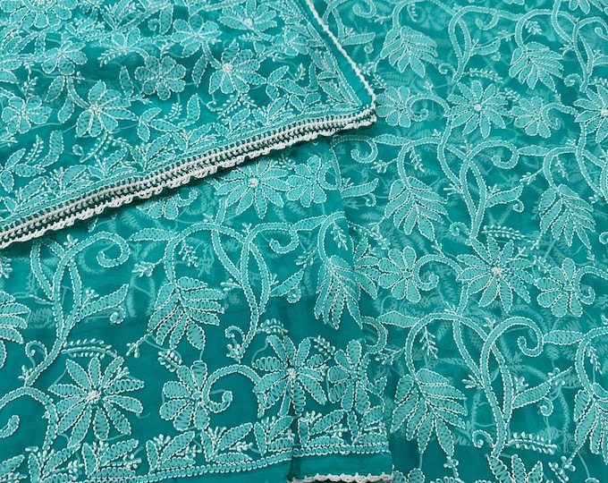 Aqua Blue Chikankari Saree  /Petticoat and Fall Included /Free Shipping