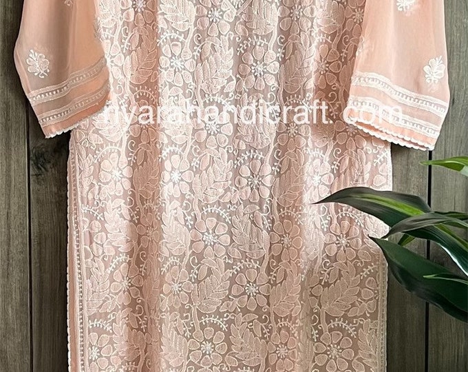 Lucknow Chikankari Peach Kurta on Georgette / Liner included/ Free Shipping in US