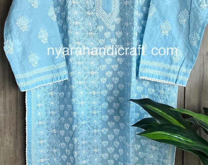 Lucknow Chikankari Blue Kurta /Soft Cotton / Liner included/Free Shipping in US