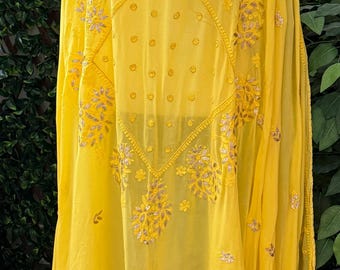 Lucknow Chikankari Yellow Dupatta with Gota / Fine Georgette/Free Shipping in US