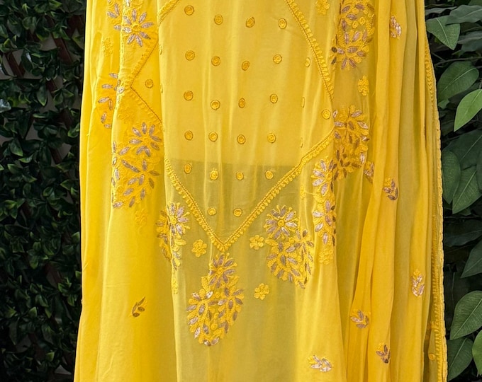 Lucknow Chikankari Yellow Dupatta with Gota / Fine Georgette/Free Shipping in US
