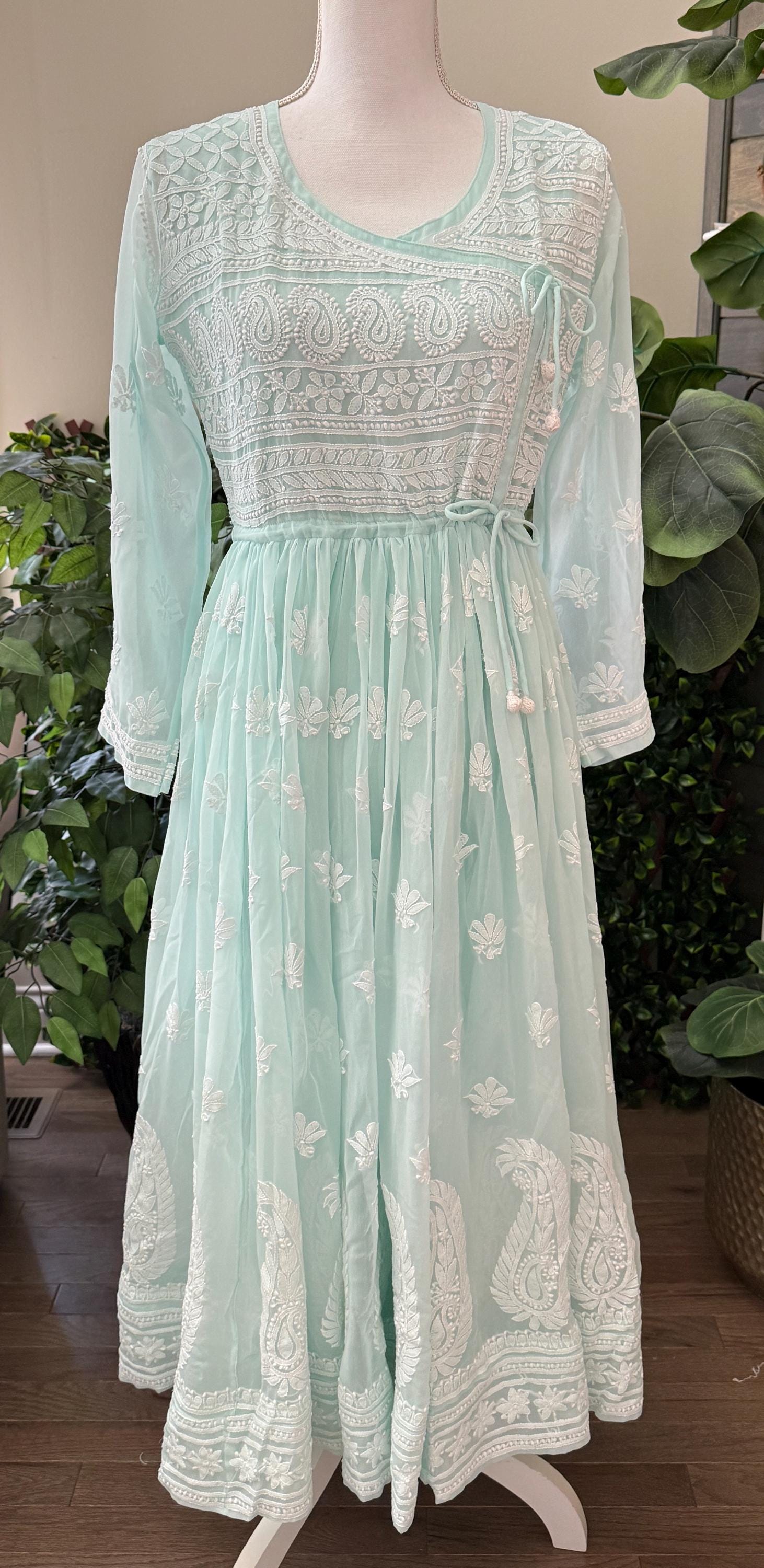 knee length dresses for ladies Lavender Organza Lucknowi Threadwork 3 Piece Anarkali Set For Women  Label  Madhuri Thakkar