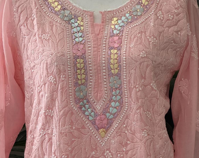 Soft Cotton Kurta with Chikankari and Parsi Embroidery  / Liner included/Free Shipping in US