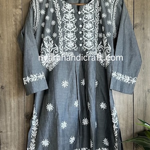 Gray Chikankari Short Kurti Tunic / Hand Embroidered /Free Shipping in US