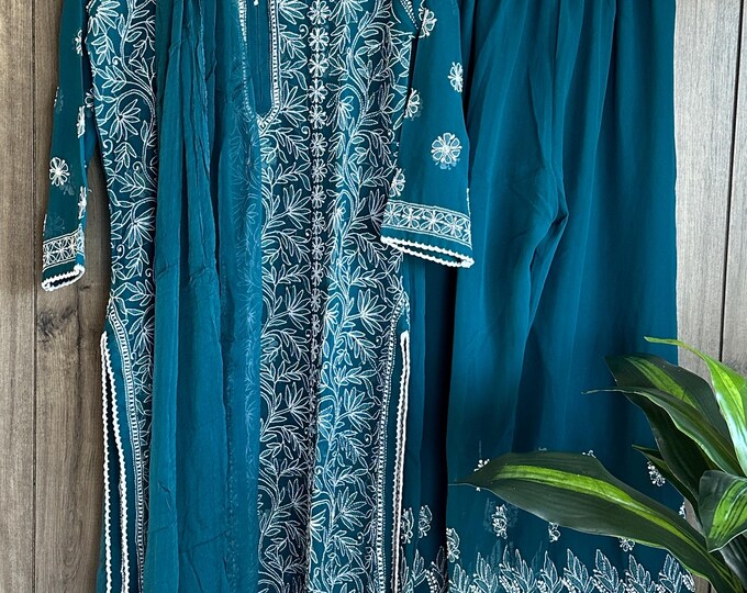 Teal Lucknow Chikankari Georgette Suit / 4 pc set  /FREE SHIPPING in US