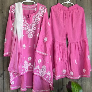 Girls Pink Kurta Palazzo Chikankari Set /Soft Modal Cotton /Free Shipping in US