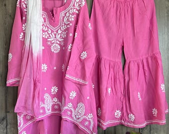 Girls Pink Kurta Palazzo Chikankari Set /Soft Modal Cotton /Free Shipping in US
