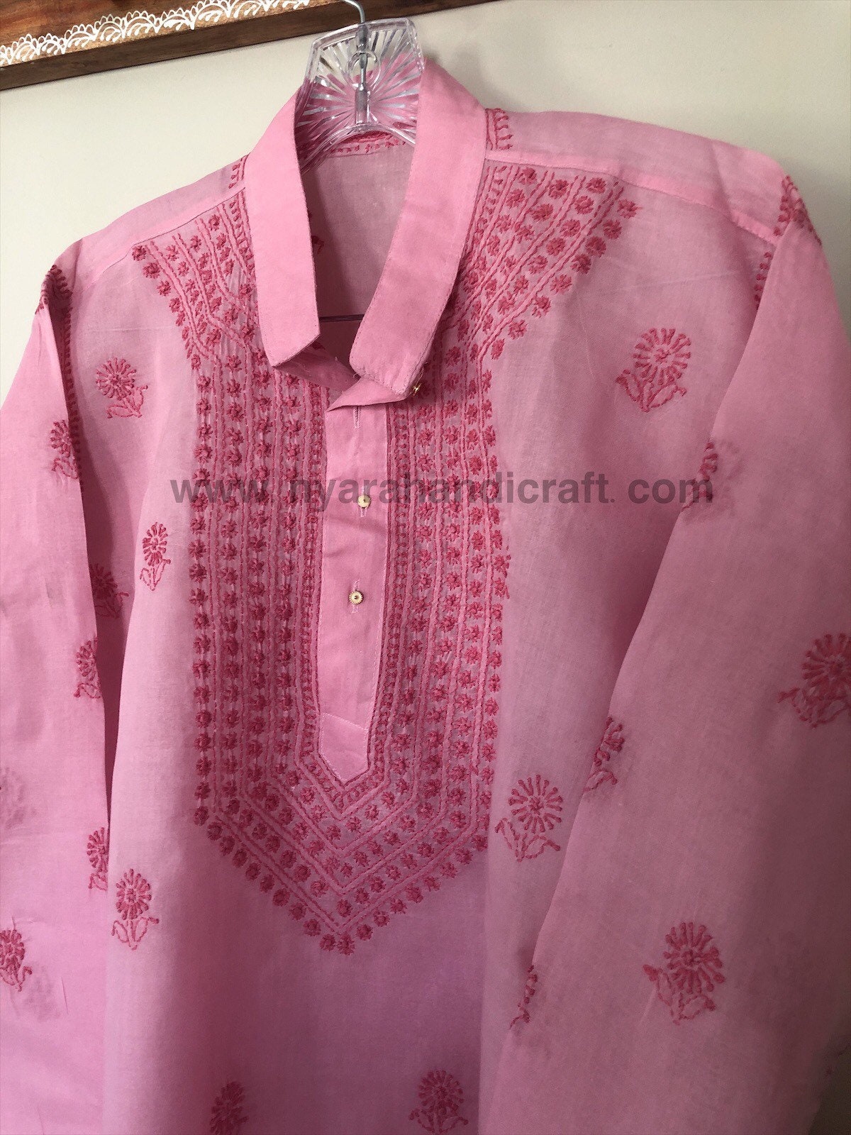 Men's Pink Chikankari Kurta/ Pure Cotton / Hand Embroidered/ Free Shipping