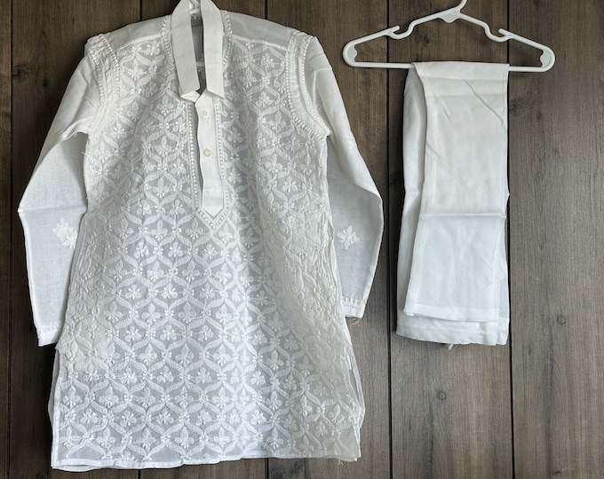 Boys White Cotton Kurta Pajama / Free Shipping in US