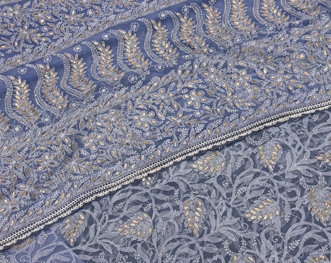 Periwinkle Blue Chikankari Saree with Gota / Fall and petticoat included/ Free Shipping in US