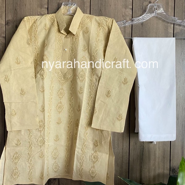 Vastraa Fusion Kid's Chikan Embroidery Kurta Pure Cotton Long Kurta