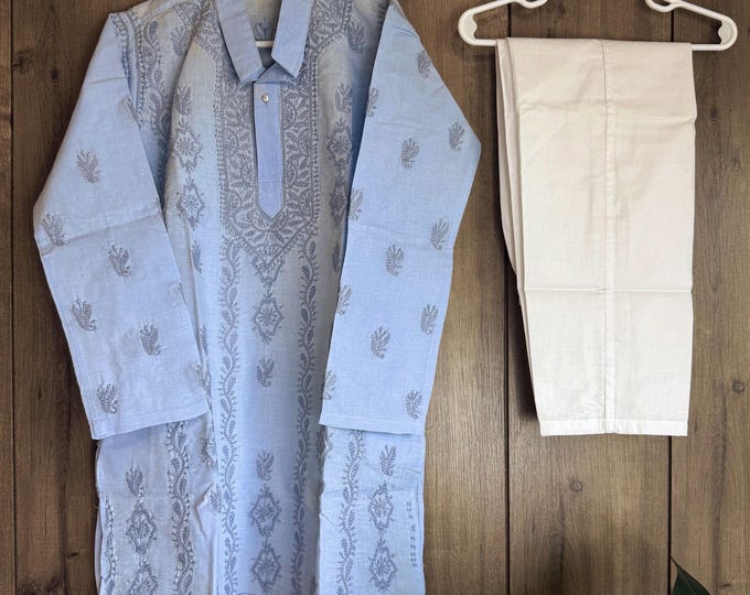Boys Blue Cotton Kurta Pajama set with Chikankari / Ships from Ohio