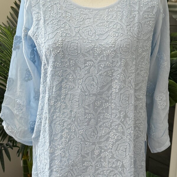 Rose Motifs Blue Chikankari Short Kurti Blouse  / Liner included/ Free Shipping in US