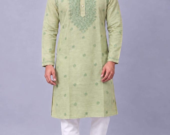 Men's Sage Green Chikankari Cotton Linen Kurta  / Hand Embroidered / Free Shipping in US