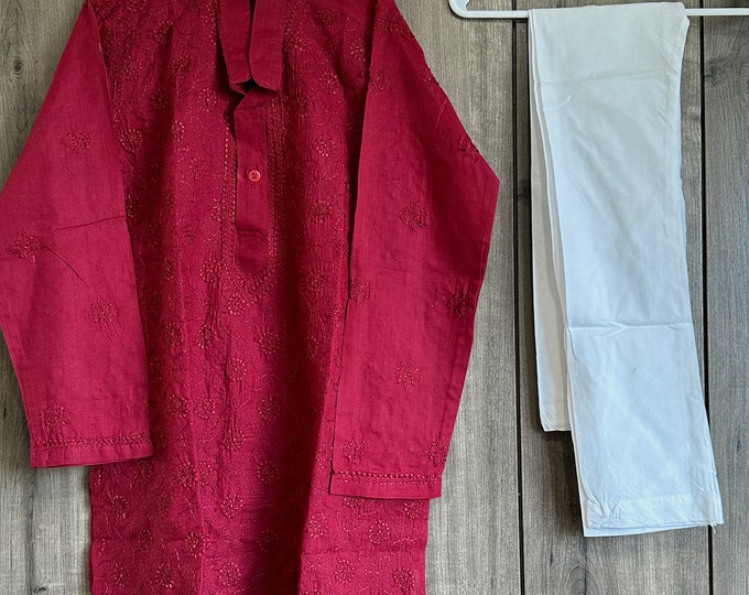 Boys soft cotton Maroon Chikankari Kurta Pajama set / Free Shipping in US