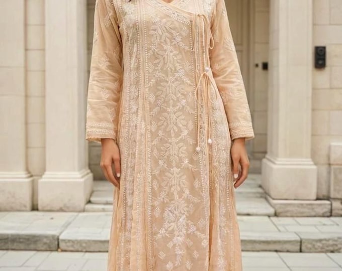 Peach Chikankari Angarkha on Soft Cotton / Liner included / Free Shipping