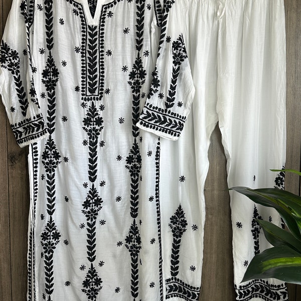 White Muslin Chikankari Kurta and Pants /Free Shipping in US