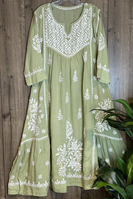 Modal Cotton Chikankari Sage Green A Line Kurta / in US