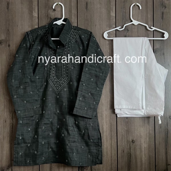 Chikankari Boys Gray Black n Kurta Pajama / Free Shipping in US