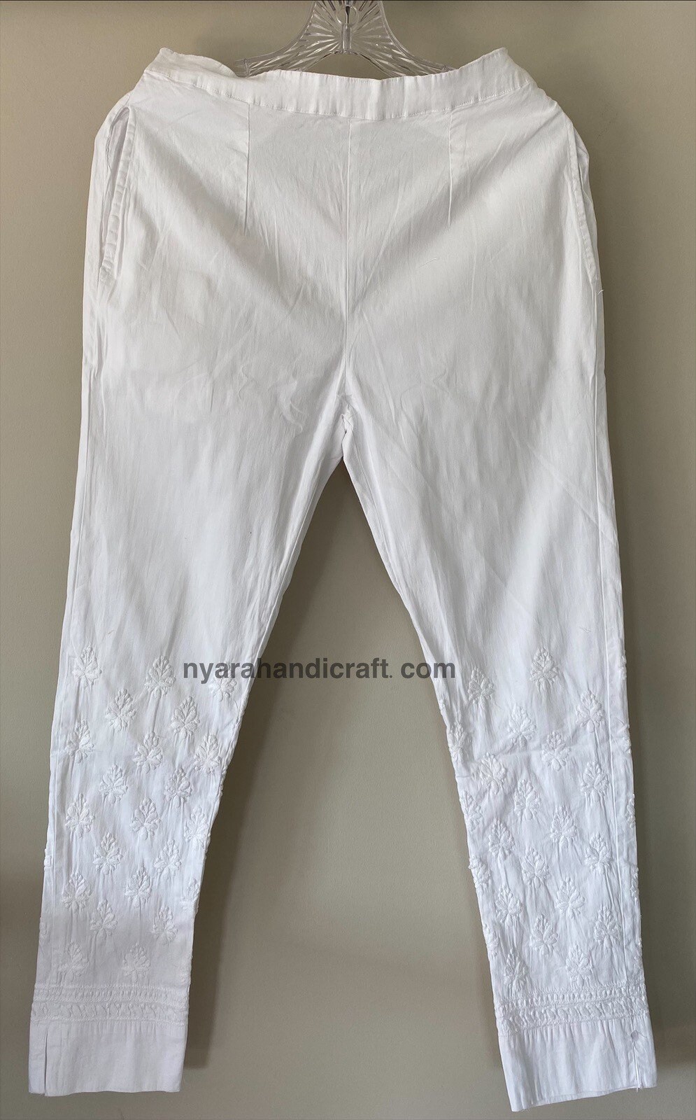 Buy nAzAqAt Chikankari Ankle Length Trousers (Pants) with Side Pockets Fine  Cotton Lycra Pants Free Size White at Amazon.in