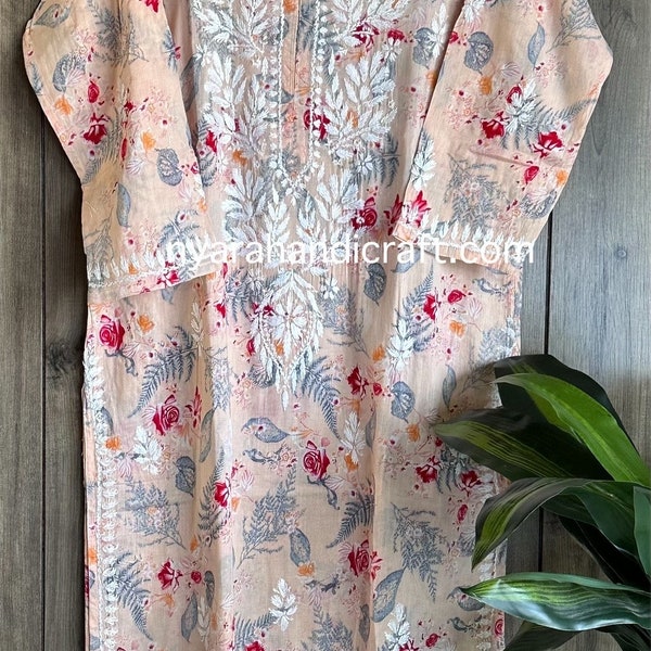 Peach Floral Printed Chikankari Kurta on Cotton / Free Shipping in US