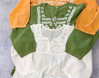 Chikankari Pure Cotton A line Blouse / Kurti / Hand Embroidered /Free Shipping in US