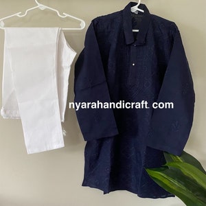Boys pure cotton navy blue Kurta Pajama set with Chikankari/ Free Shipping in US