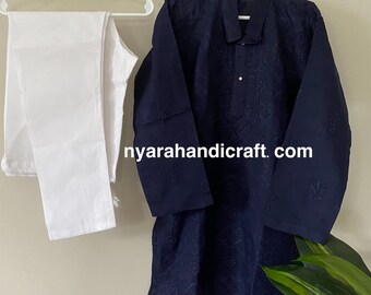 Boys pure cotton navy blue Kurta Pajama set with Chikankari/ Free Shipping in US