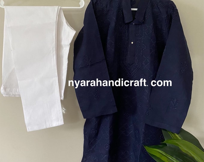 Boys pure cotton navy blue Kurta Pajama set with Chikankari/ Free Shipping in US
