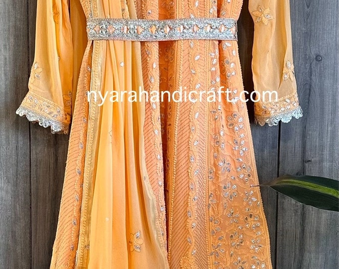 Lucknow Chikankari Orange Heavy Anarkali Gown / Dupatta and Liner included/FREE SHIPPING in US