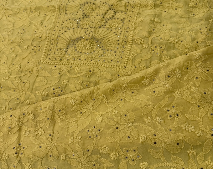 Yellow Kurta Fabric on Pure Chanderi Silk Cotton / Free Shipping in US