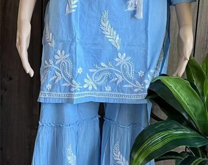 Lucknow Chikankari Blue Kurta and Sharara on Pure Cotton / Free Shipping