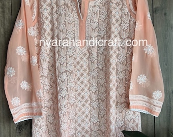 Peach Chikankari Short Kurti Blouse /  Georgette with Mukaish / Liner included / Free Shipping in US