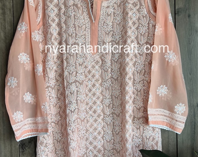 Peach Chikankari Short Kurti Blouse /  Georgette with Mukaish / Liner included / Free Shipping in US