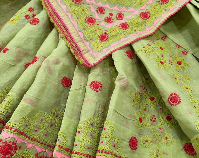 Green Chikankari Saree / Pure Cotton/ Fall and Petticoat included/ Free Shipping